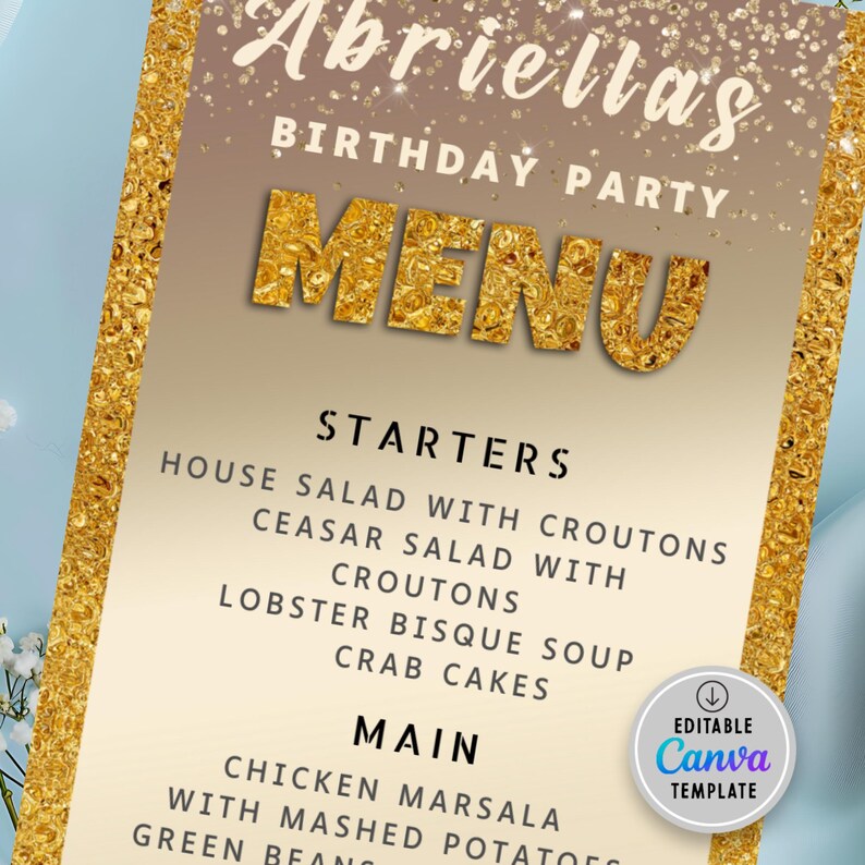 Event Menu Card Example Editable Gold Glitter Birthday Dinner Menu Event Place Card, Printable ...
