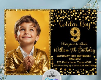 Bearbeitbare Goldene Geburtstagseinladung Jungen goldene Geburtstagseinladung Gold-Glitter-Geburtstagseinladung Goldener Geburtstag einladen für Jungen Jedes Alter