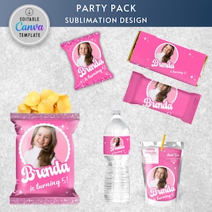 Rosa Modepuppe Chip Beutel, Mädchen Geburtstag Leckerli Beutel, Rosa Favor Taschen, DIY Geburtstag Partygeschenke, Printable Doll Vorlagen | Bearbeitet mit Canva