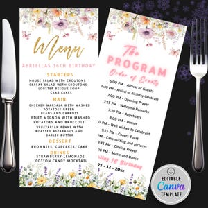 Modelo de menu de borboleta, menus para festas de jardim, cartões de menu floral de aniversário, cartão de prato de mesa de crepes para chá de bebê editável para meninas para impressão