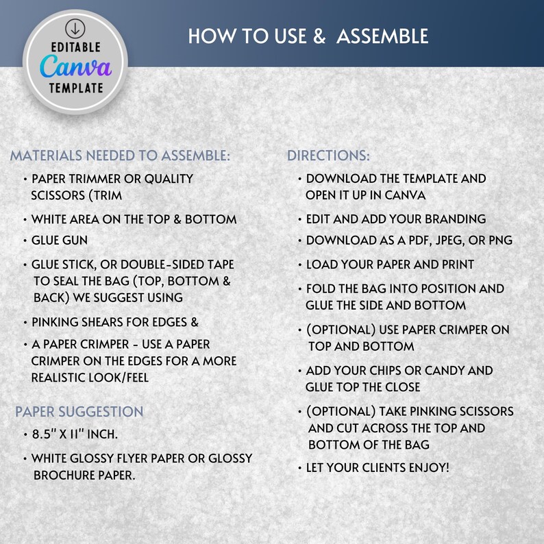 May include: A printable template for a favor bag with instructions on how to assemble and personalize it. The template is 8.5 inches by 11 inches and can be used to create a party favor bag for any occasion.