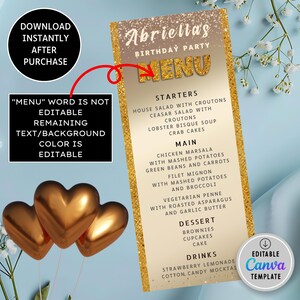 Editable Gold Glitter Birthday Dinner Menu Event Place Card Printable Editable Gold Glitter Birthday Dinner Menu Event Place Card Printable