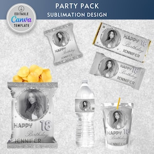 May include: A silver and white party pack with a photo frame for a personalized touch. The pack includes labels for a chip bag, a water bottle, a juice box, and a chocolate bar. The labels feature a silver glitter background with the text "Happy 18th Birthday Jennifer".