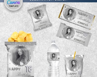 Brillantina plateada sobre plateada para CUALQUIER EDAD. Envoltorio para bolsas de papas fritas, bolsas de recuerdos, bolsas con foto, bolsas para papas fritas, bolsas para adultos, bolsas brillantes, bolsas glamurosas, bolsas para adolescentes. Editar en Canva.
