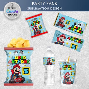 Bearbeitbares Super Mario Kids Party Bundle Kit, druckbare Vorlage, Kindergeburtstag-Chiptasche, Kinder bearbeitbare Etiketten, druckbare Verpackung, bearbeitbar