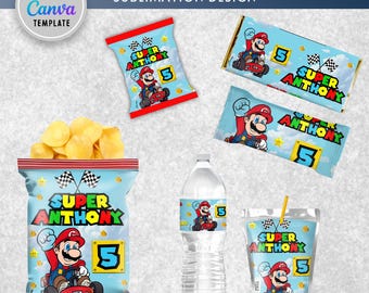 Editable Super Mario Kids Party Bundle Kit, Template Printable, kids Birthday chip bag, kids Editable labels, printable wrapper, editable
