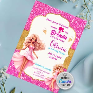 Pink Party Birthday Invitation, Doll Invitation template, Princess Themed Decor, Girl Party Invite, Girl&#39;s Editable Invite, Printable Card