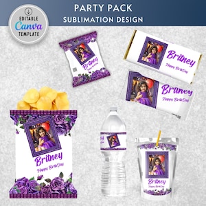 Purple Floral Birthday Party Favor Set: Chip Bag, Labels (Canva Editable, Digital Download)