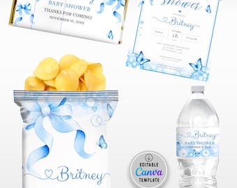 Sacchetto di patatine con fiocco blu stampabile per baby shower, elegante sacchetto di patatine con fiocco per neonato, modello di involucro per sacchetto di patatine con fiocco, involucro per sacchetto di bomboniere di compleanno