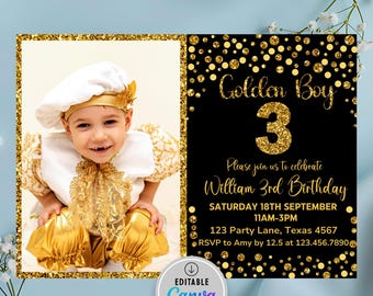 Editable Golden birthday invitation Boys golden birthday invitation Gold glitter birthday invitation Golden birthday invite for boy Any age