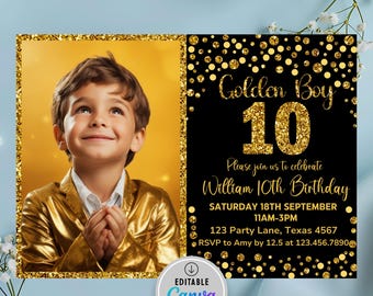 Bearbeitbare Goldene Geburtstagseinladung Jungen goldene Geburtstagseinladung Gold-Glitter-Geburtstagseinladung Goldener Geburtstag einladen für Jungen Jedes Alter