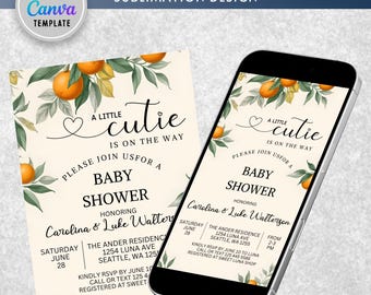Editable A Little Cutie is on the Way Greenery Orange Gender Neutral Couples Baby Shower Invitation Invites Template Instant Download