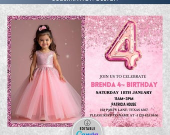 Rosa 4. Geburtstag Einladung, Mädchen 4. Geburtstag einladen, Mädchen 4. Geburtstag einladen, Rosa Folienballon Geburtstag einladen Vorlage Canva