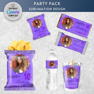 Purple Glitter Birthday Chip Bag Wrapper: Photo Favor Bags (Edit in Canva)