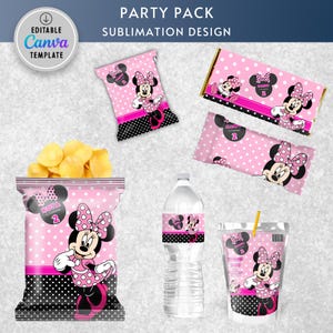 Minnie Mouse Birthday Party Chip Bags Wrapper Label Minnie Mouse Chalk Bowtique Birthday Bow Snack Bag Printable, Editable in Canva