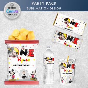 Cartoon Mouse First Birthday Chip Bags Boy Mickey 1st Birthday Party Decoration Digital Printable Editable Template in Canva
