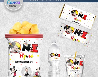 Cartoon Mouse First Birthday Chip Bags Boy Mickey 1st Birthday Party Decoration Digital Printable Editable Template in Canva