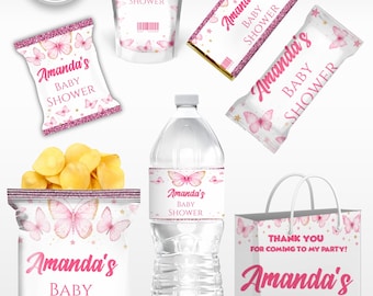 Editable Butterfly Chip Bags, Gold for girl, Pink Butterfly Baby Shower Chip Bag, Editable Butterfly Baby Shower Chip Bags, Chip Bag Label