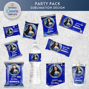May include: A party pack sublimation design featuring various items with a blue and silver theme. The items include candy wrappers, a water bottle, a gift bag, and a drink cup, all personalized with a photo and the text "Happy 18th Birthday Amanda's".