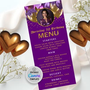 May include: Purple and gold birthday menu with a photo of a woman in a gold sequined dress. The menu includes starters, main course, dessert, and drinks. The text "Abriellas 30 Birthday Menu" is at the top of the menu.
