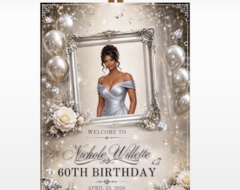 Cartello di benvenuto per cena di compleanno in bianco e argento, cartello per festa di pensionamento con foto, elegante cartello d'ingresso, modello di cartello a tema diamante