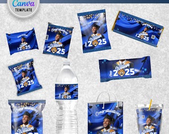Graduation Party Favor Template Bundle, Blue Canva Editable Graduation Treats Design, Party Favor Custom Water Labels, Chip Bag, Wrapper