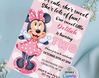 EDITIERBARE Minnie Mouse Einladung zum zweiten Geburtstag, 2nd Bday, erster Geburtstag, zwei Jahre alt, hellrosa Tupfen, bearbeitbar in Canva