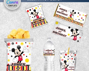 Etiquetas para fiesta de Mickey Mouse: Bolsas para papas fritas, bolsas de recuerdos, jugos, botellas de agua, chocolates y snacks de frutas. DESCARGA DIGITAL.