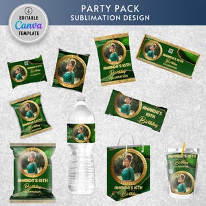 May include: A party pack sublimation design featuring various items like chip bags, a water bottle, and a gift bag. Each item has a green and gold design with a photo and the text "AMANDA'S 16TH Birthday Celebration". The design includes a Canva template.