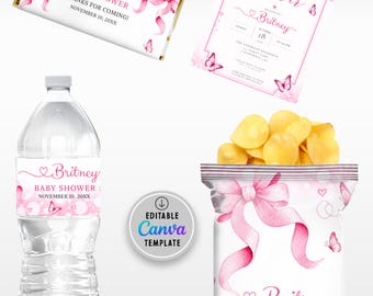 Stampabile Sacchetto per patatine con fiocco rosa per baby shower, civetta con fiocco, elegante sacchetto per patatine con fiocco, modello di involucro per sacchetto per patatine con fiocco, involucro per sacchetto per bomboniera di compleanno