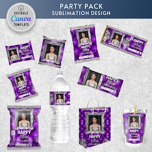 May include: A party pack sublimation design with a purple and silver theme. The items include chip bags, candy wrappers, a water bottle label, a gift bag, and a cup, all personalized with a photo and the text "Happy 16th Birthday Amanda's".