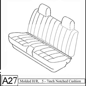 May include: Line drawing of a car seat with two headrests. The seat back has vertical stitching, and the seat bottom has a quilted pattern. The text in the image reads "Molded H/R, 5 - 7inch Notched Cushion".