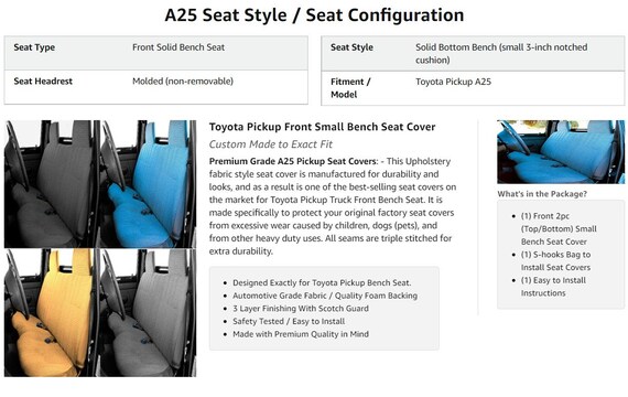 Seat Cover for Toyota Pickup 1985 1995 Molded Headrest Front Bench