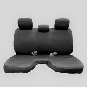 May include: Black rear car seat covers with headrests. The covers are made of a durable fabric and have a simple design.