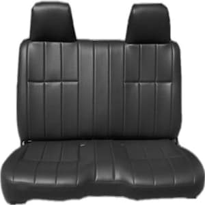 May include: Black leather car seat with two headrests. The seat has a vertical channel design and is suitable for a truck or SUV.
