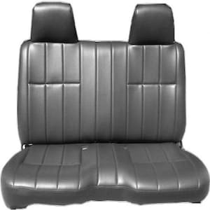 May include: A black leather car seat with two headrests. The seat has a quilted design and is made of a durable material.