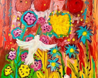 Weisse Vögel und Blumen, Acrylmalerei, Kunst, Wohnung, Büro, Praxis, Dekoration