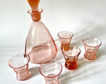 Vintage Glass Decanter with 6 Glasses | Pink Orange Liqueur Set | Art Deco Bar Set | Retro Glassware | Mid-Century Decanter | Housewarming Gift