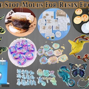 Könnte beinhalten: Eine Sammlung von Epoxidharzformen, darunter Schmetterlinge, Halbmonde und verschiedene Formen. Das Bild zeigt auch Kolibri-, Seepferdchen- und Eidechsenformen sowie Formen für Untersetzer und andere dekorative Artikel. Der Text "ONE STOP MOLDS FOR RESIN EPOXY" steht oben.