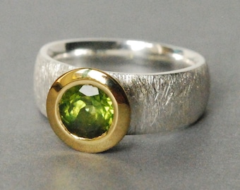 Bague argent/péridot/monture or, taille 55