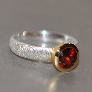 Silver ring, red garnet, gold setting, magnificent royal ring, garnet ring