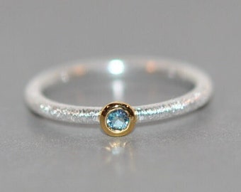 Aquamarine ring, fine silver ring with gold-plated setting, minimalist ring with "mini point stone"