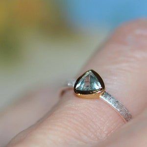 Könnte beinhalten: Ein silberner Ring mit einer goldenen Fassung und einem dreieckigen Aquamarin-Edelstein.