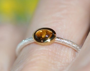 Silver ring with tourmaline/gold-plated setting, golden yellow tourmaline, fine ring, size 56.8