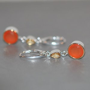 Carnelian citrine earrings, 925 sterling silver, gold-plated setting / Elegant hanging earrings, folding hoop earrings