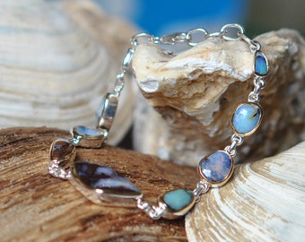 Bracelet opale, argent sterling 925, bord en or 750, longueur réglable, 17-19 cm, bracelet unique, opale boulder