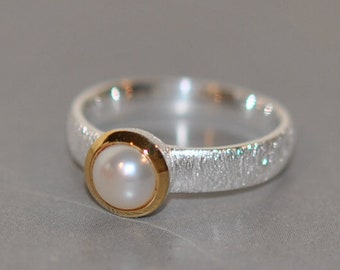 Bague perle, argent/or, argent sterling 925, monture en or 750, bague intemporelle et élégante avec perle lumineuse