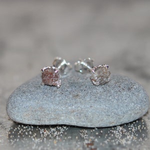 Raw diamond stud earrings, silver, a pair of natural, gray rough diamonds in crown silver settings, 925 sterling silver image 3