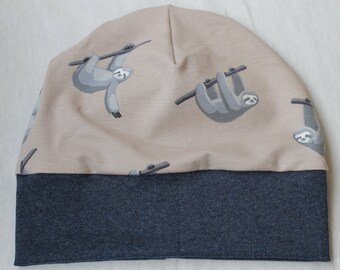 Beanie - Rund - Mütze OTTO * Faultier beige / blau * Wunschgröße