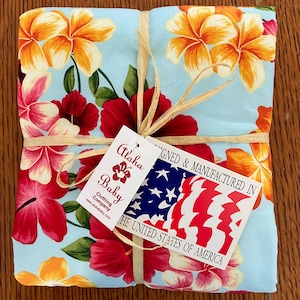 Aloha Baby Blanket: Baby blue with Plumeria and Hibiscus